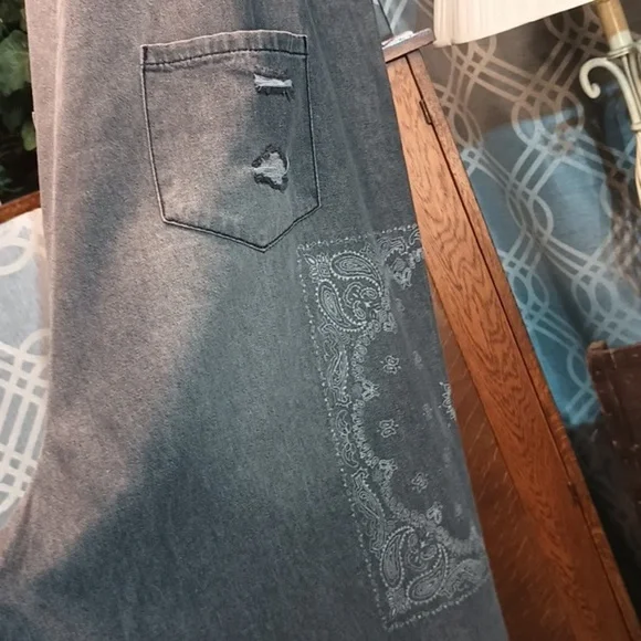 Gray Paisley Distressed Crop Denim Dungarees Bib Overall Jumper Oversized Lg - Picture 7 of 12